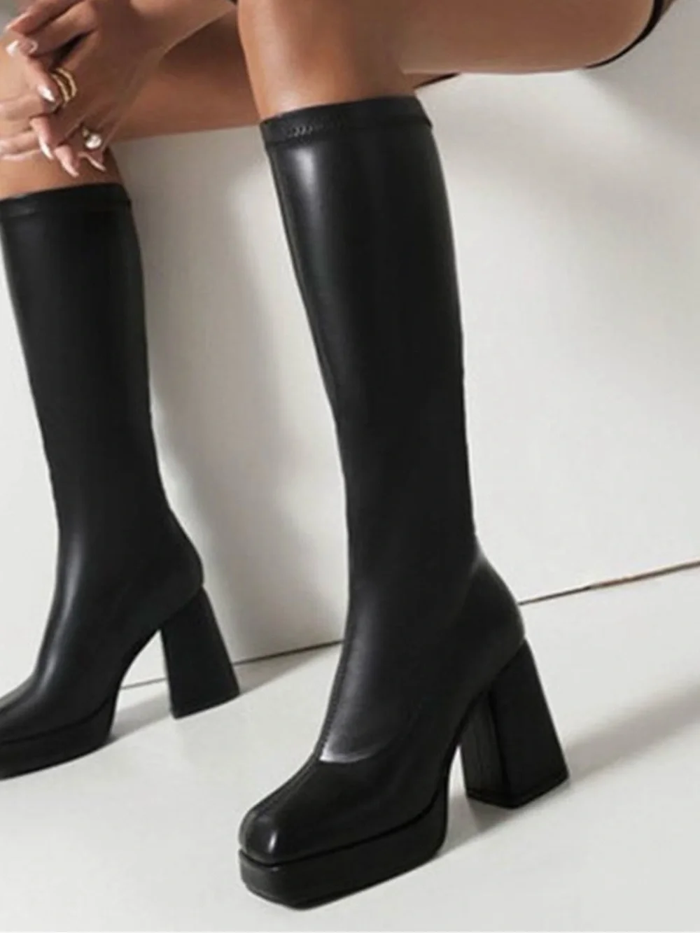 Women's Black Over-the-Knee Platform Block Heel Boots Size 42= US 9-9.5